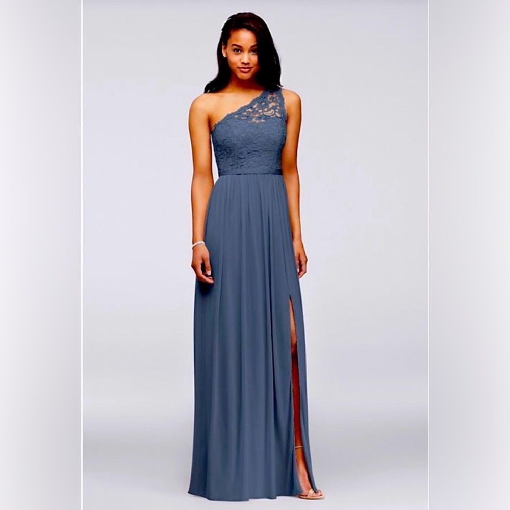 David's Bridal One-Shoulder Lace Bodice Slate Blue Maxi Dress